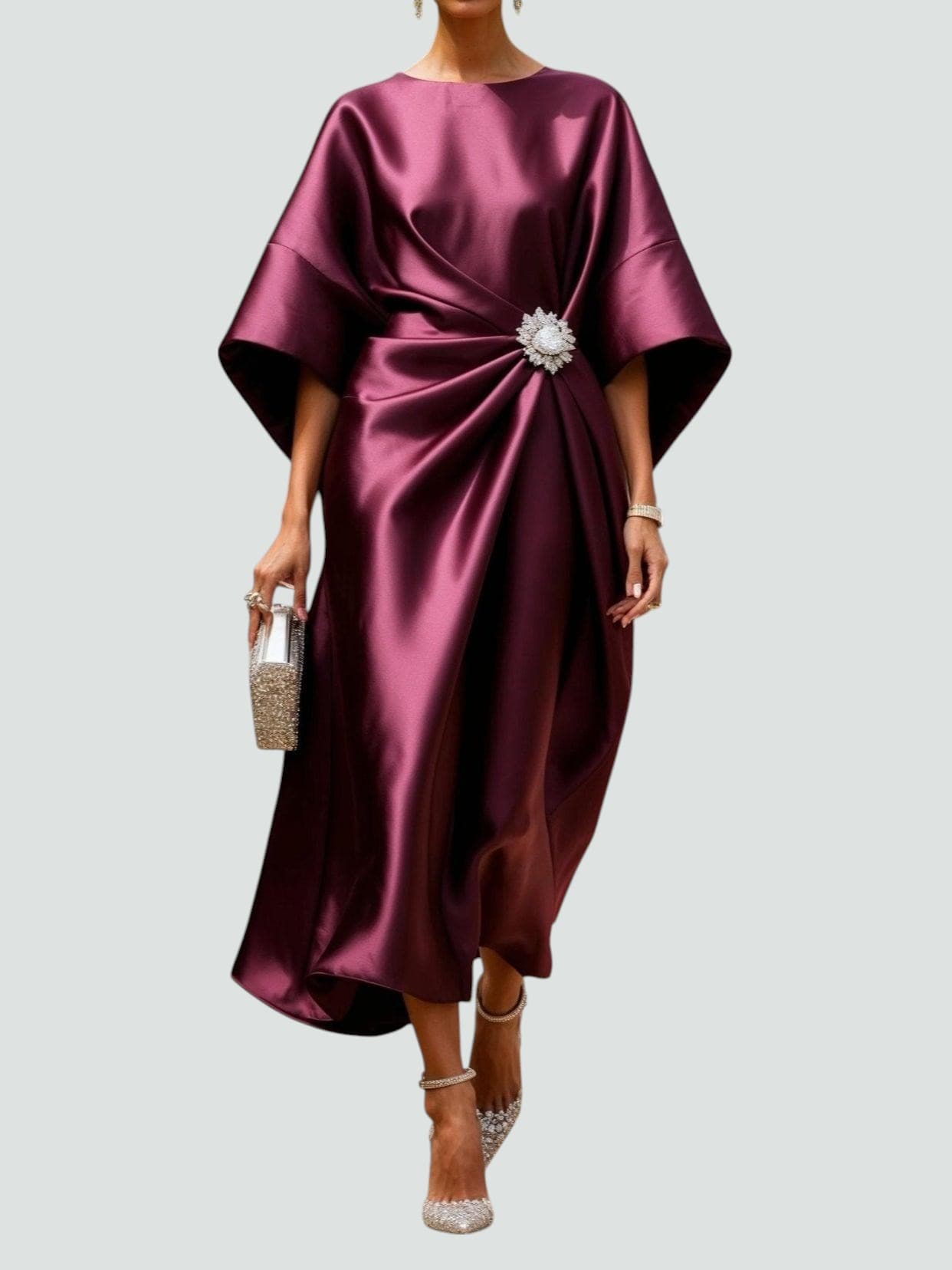 Women Midi Dress | Draped Kimono Sleeves & Jewelled Brooch Waist