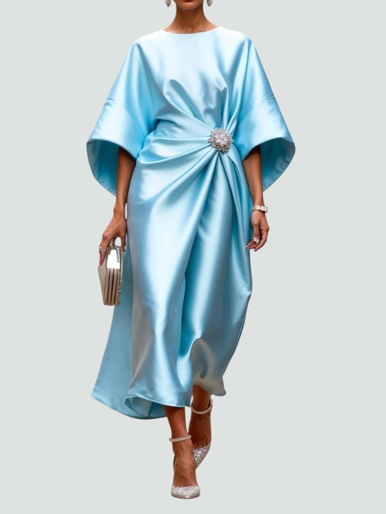 Women Midi Dress | Draped Kimono Sleeves & Jewelled Brooch Waist