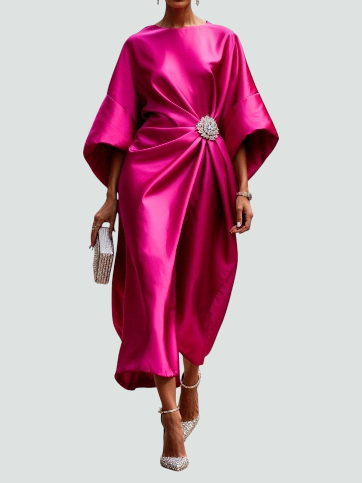 Women Midi Dress | Draped Kimono Sleeves & Jewelled Brooch Waist