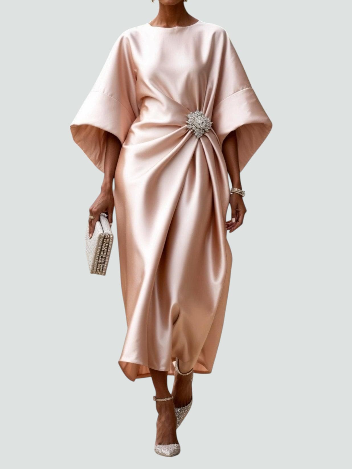 Women Midi Dress | Draped Kimono Sleeves & Jewelled Brooch Waist