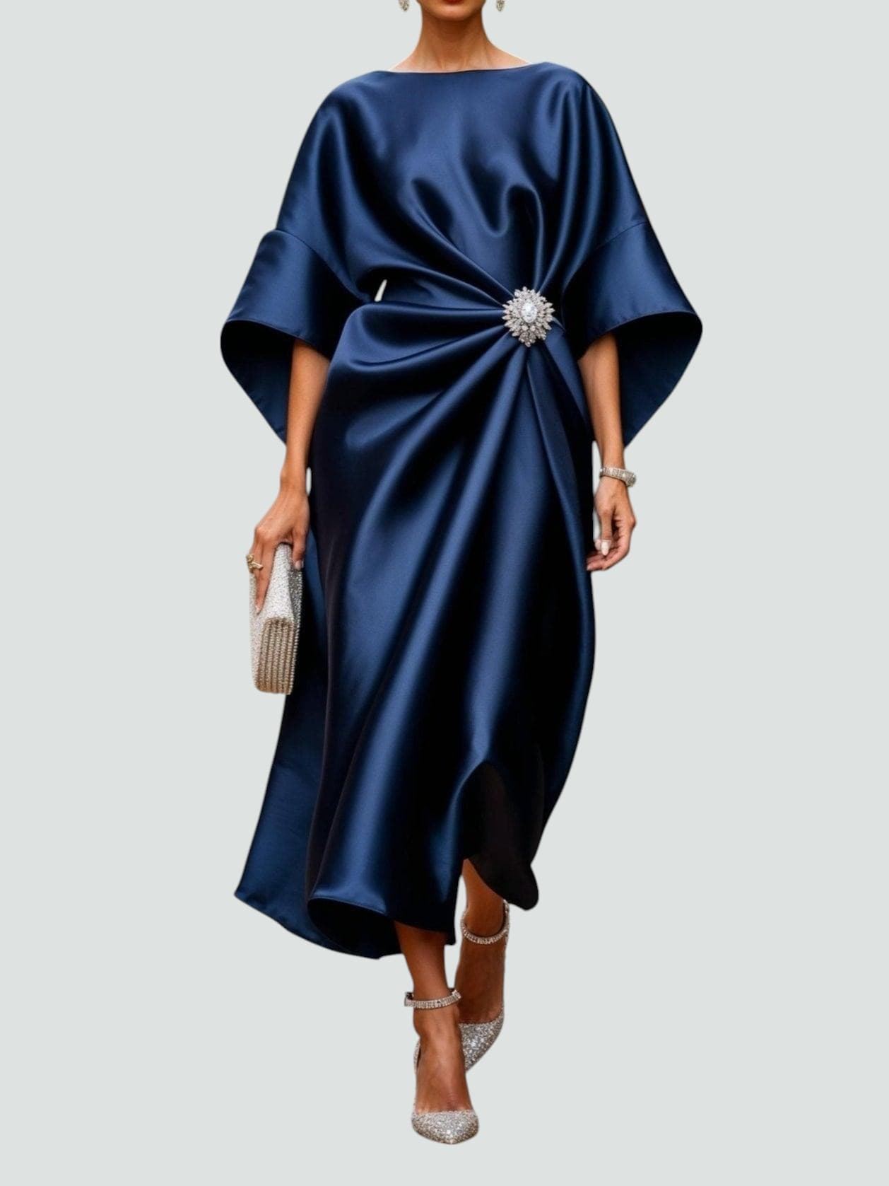 Women Midi Dress | Draped Kimono Sleeves & Jewelled Brooch Waist