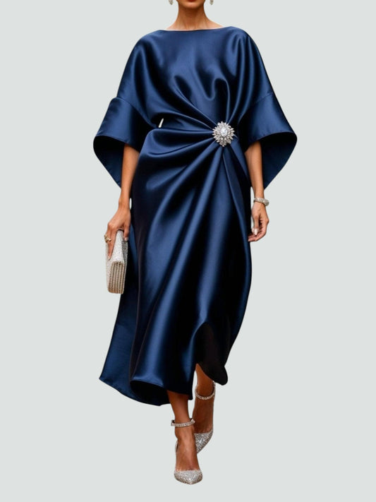 Women Midi Dress | Draped Kimono Sleeves & Jewelled Brooch Waist