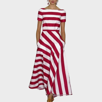 Women Stripe Maxi Dress | Boat Neck & Diagonal Stripe A-Line Skirt