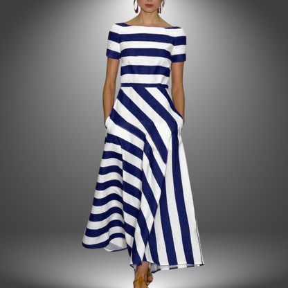 Women Stripe Maxi Dress | Boat Neck & Diagonal Stripe A-Line Skirt