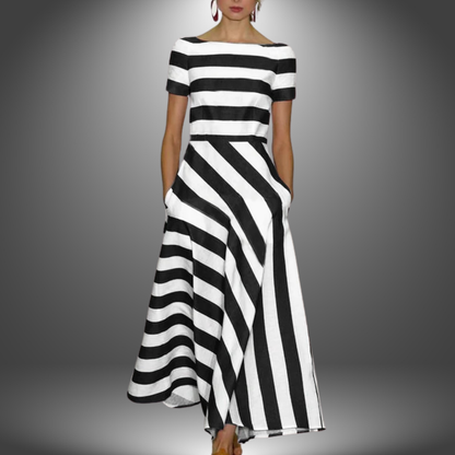 Women Stripe Maxi Dress | Boat Neck & Diagonal Stripe A-Line Skirt