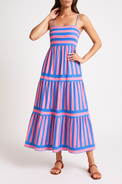 Women's A-Line Striped Cotton Summer Dress with Spaghetti Straps 0