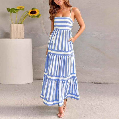 Women's A-Line Striped Cotton Summer Dress with Spaghetti Straps 6