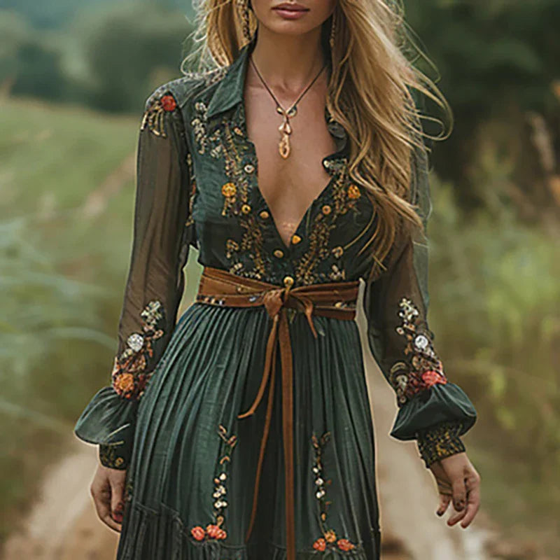Women's Bohemian Dress | Embroidered V Neck Maxi 1