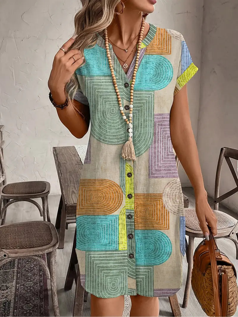 Women's Boho Mini Dress | Button-Front V-Neck 0