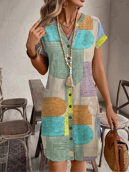 Women's Boho Mini Dress | Button-Front V-Neck 0