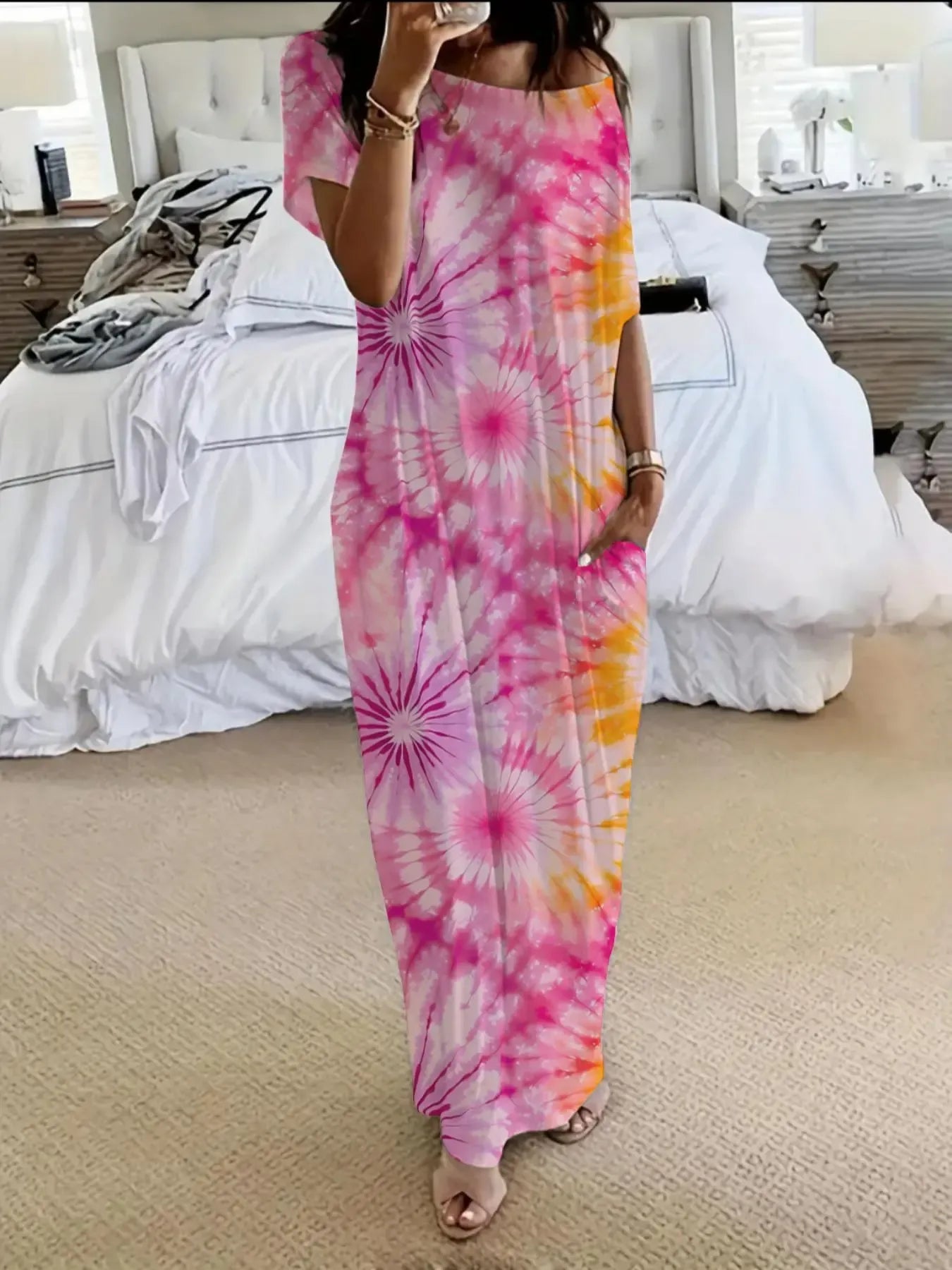 Women's Butterfly Heart Tie-Dye Nightgown with Pockets 1