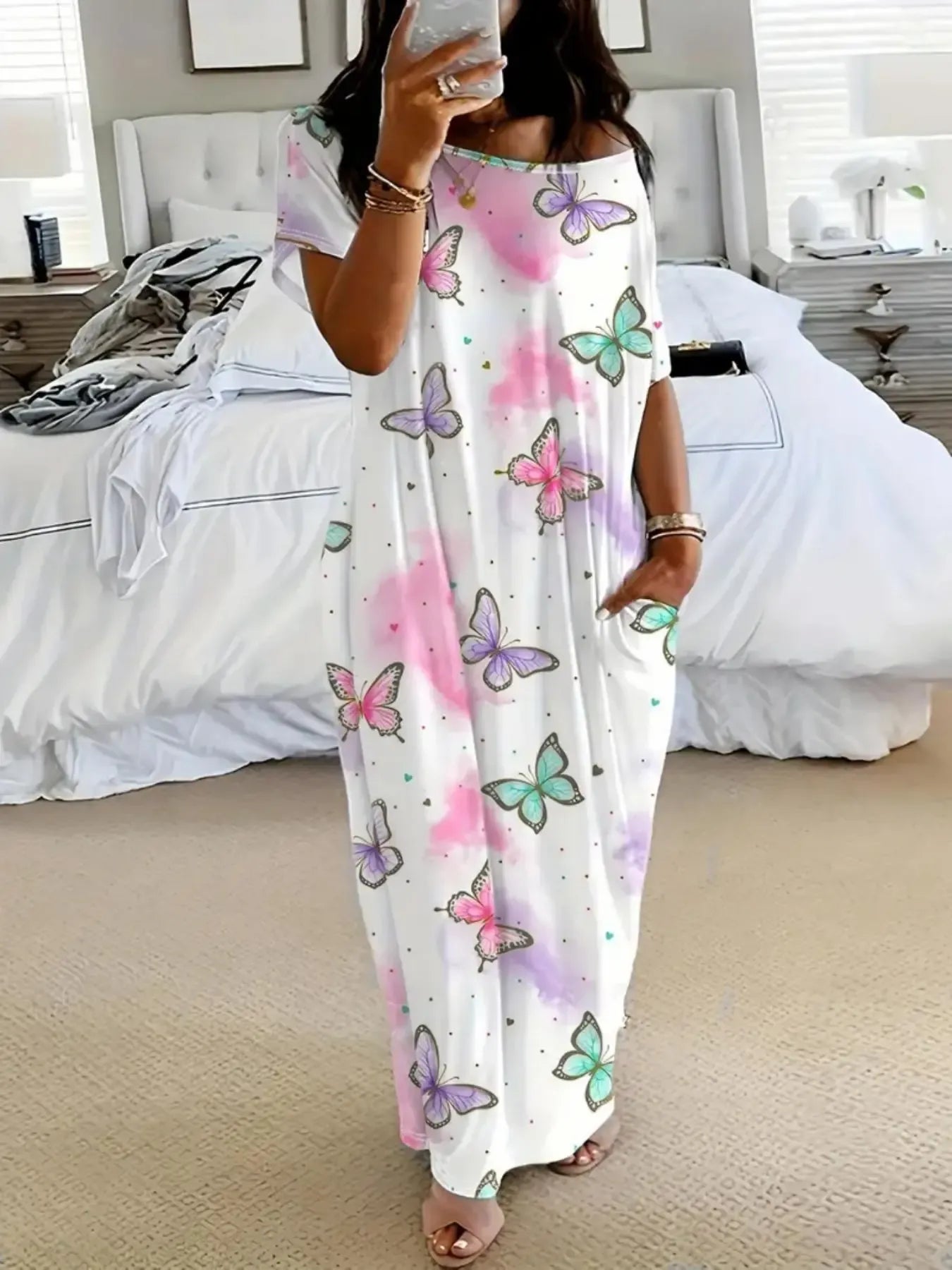 Women's Butterfly Heart Tie-Dye Nightgown with Pockets 3