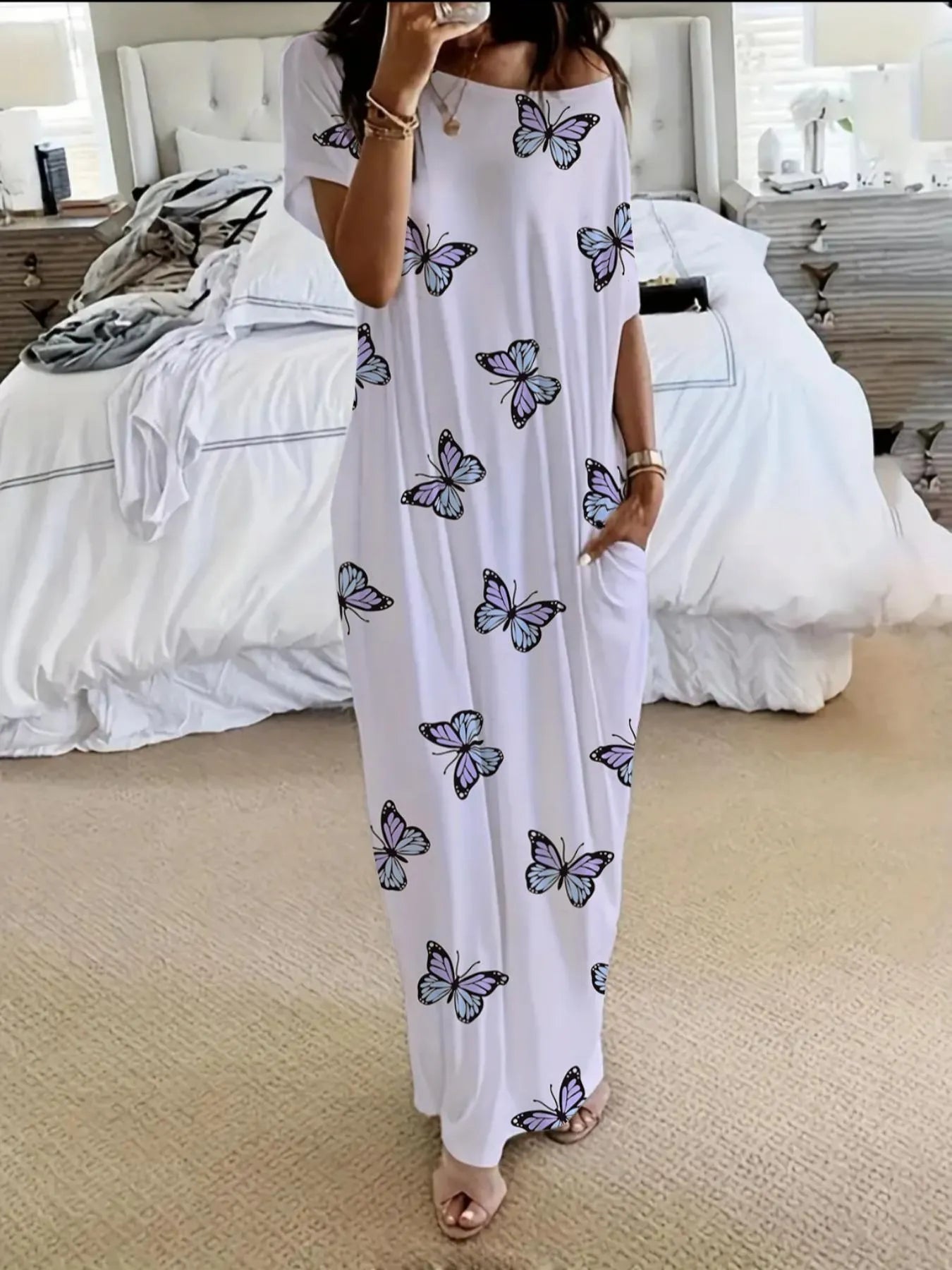 Women's Butterfly Heart Tie-Dye Nightgown with Pockets 4