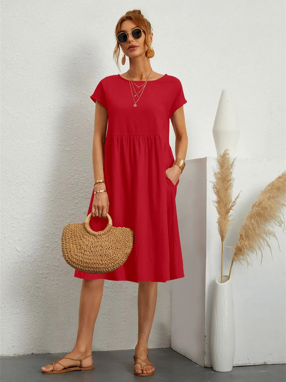 Women's Casual Dress | Short Sleeve Midi with Side Pockets 0