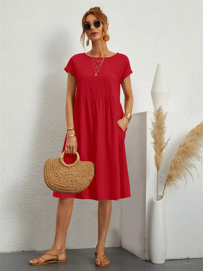 Women's Casual Dress | Short Sleeve Midi with Side Pockets 0