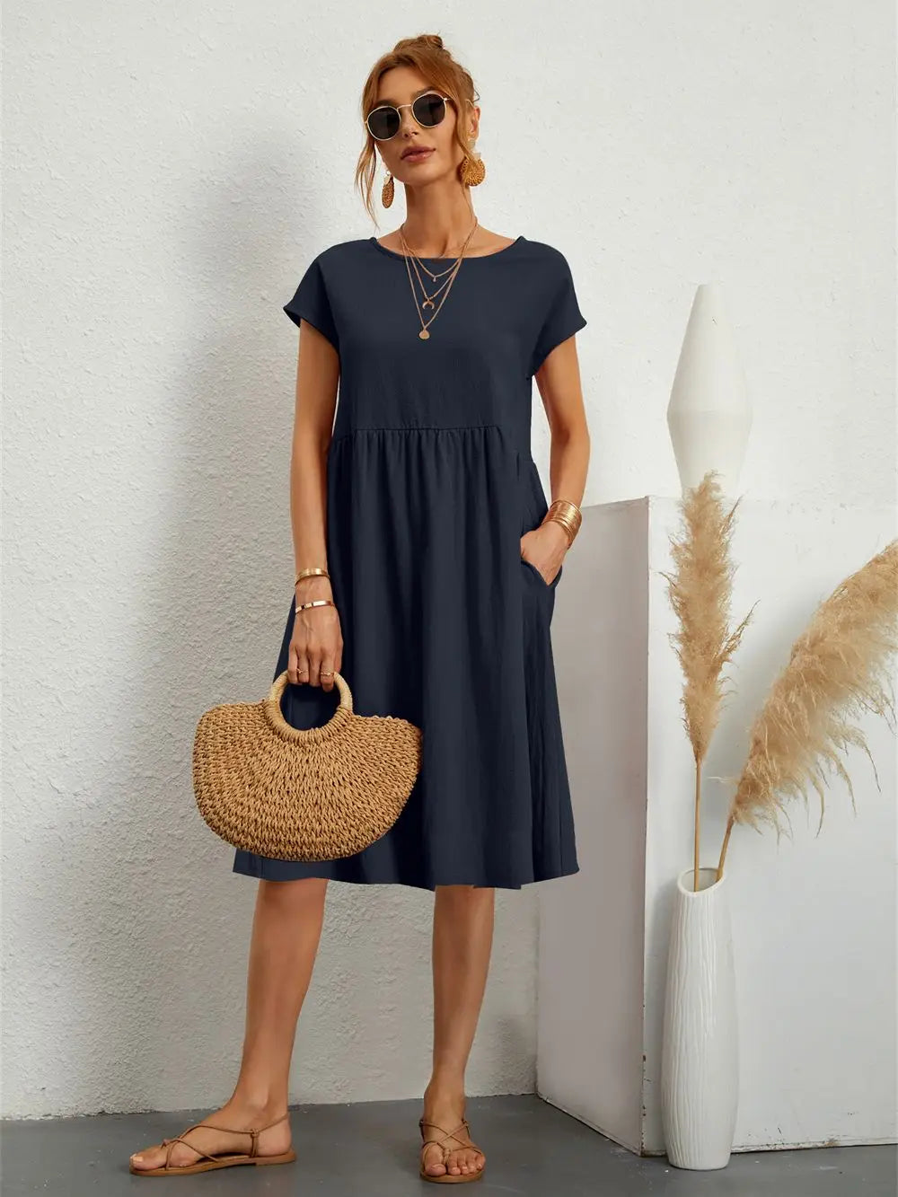 Women's Casual Dress | Short Sleeve Midi with Side Pockets 11