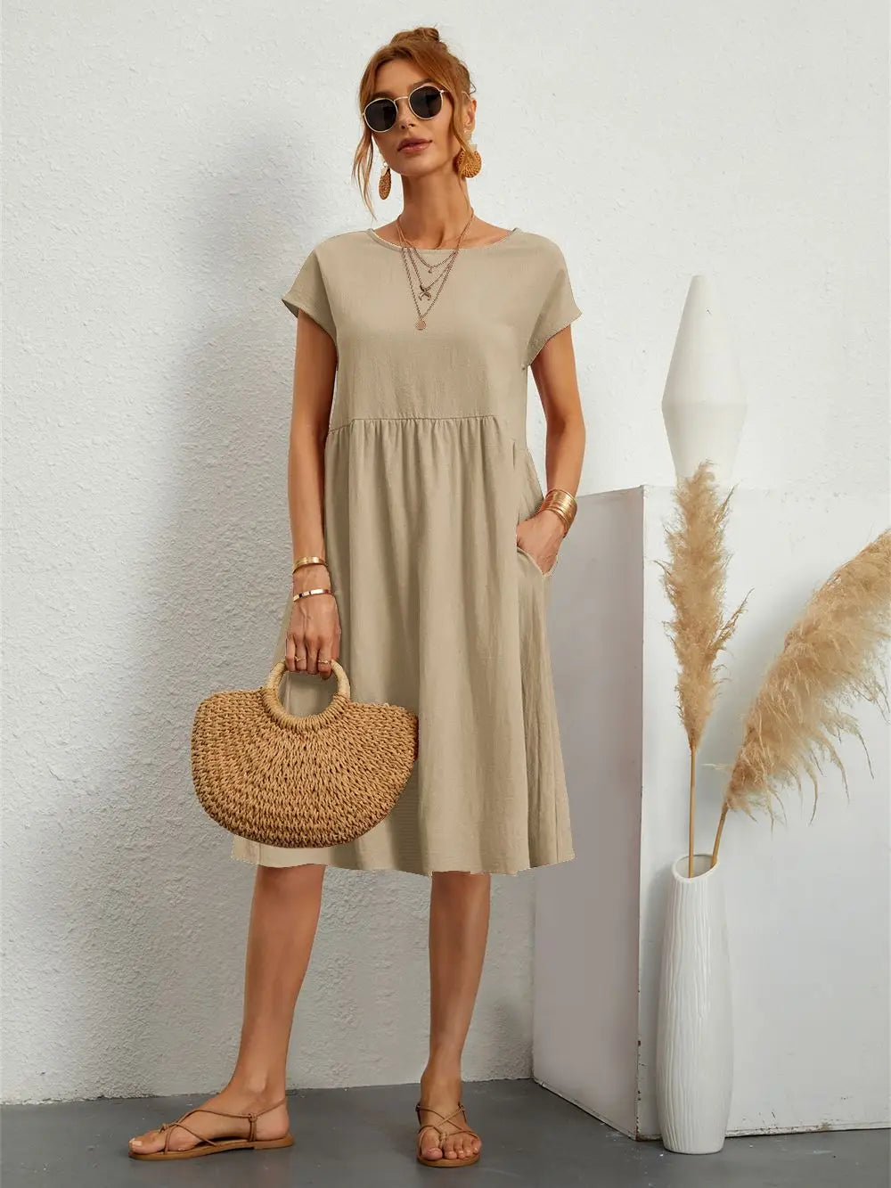 Women's Casual Dress | Short Sleeve Midi with Side Pockets 8