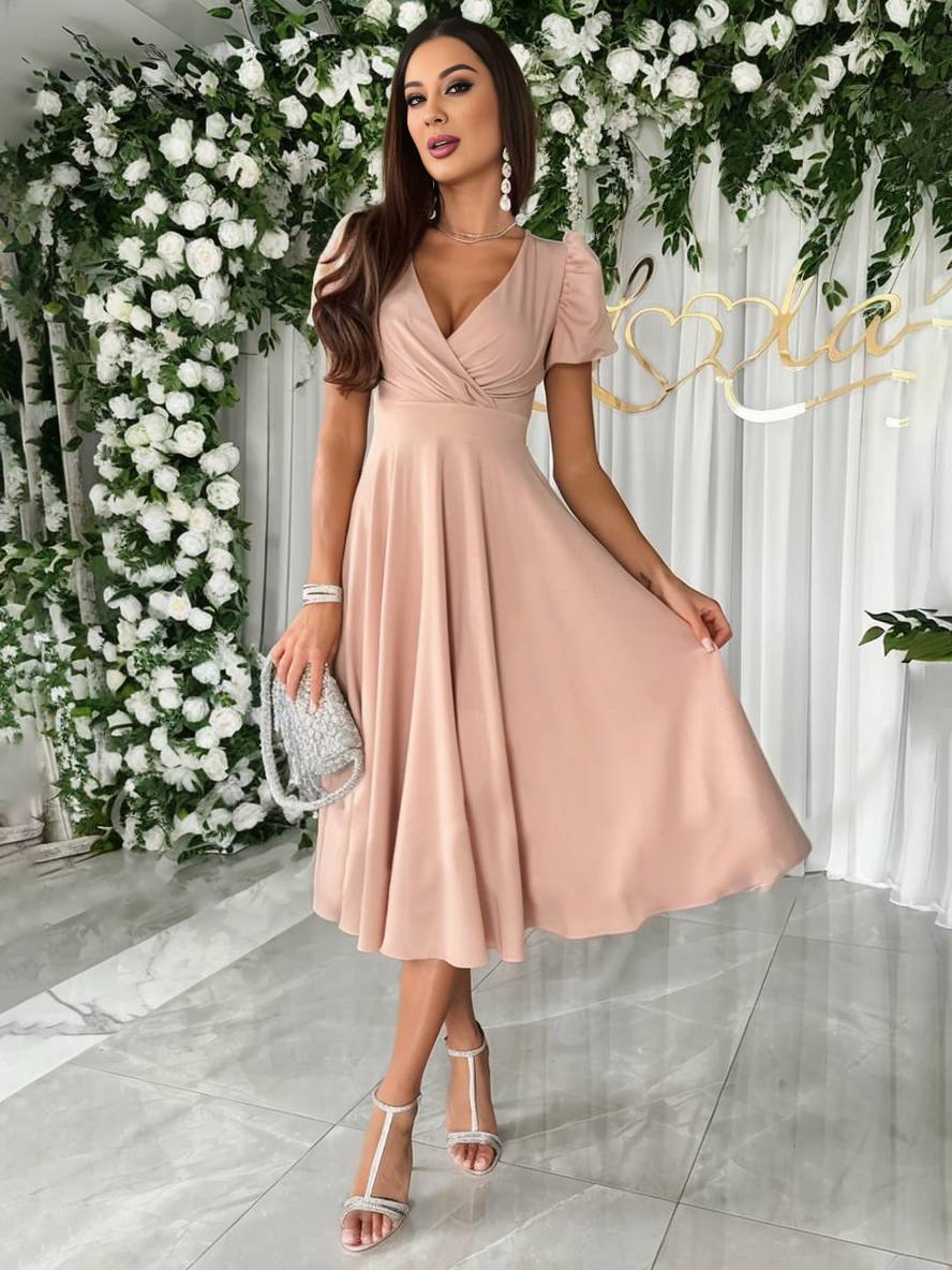 Women's Dress - Elegant Bridesmaid Dress with Cheeky Neck, Short Buff Sleeves and Flowy Cut 0