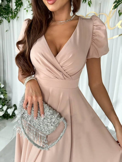 Women's Dress - Elegant Bridesmaid Dress with Cheeky Neck, Short Buff Sleeves and Flowy Cut 1