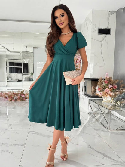 Women's Dress - Elegant Bridesmaid Dress with Cheeky Neck, Short Buff Sleeves and Flowy Cut 2