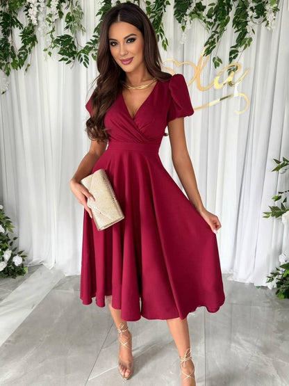 Women's Dress - Elegant Bridesmaid Dress with Cheeky Neck, Short Buff Sleeves and Flowy Cut 5