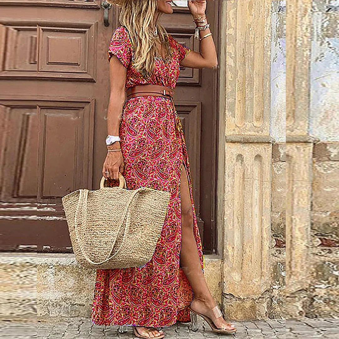 Women’s Dress | Boho V-Neck Maxi with Belt 3