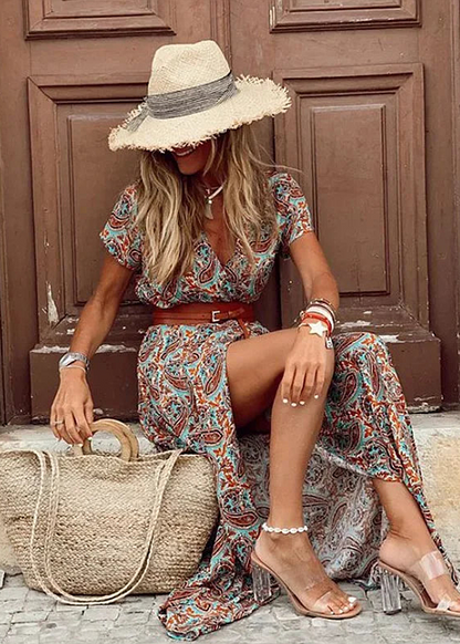 Women’s Dress | Boho V-Neck Maxi with Belt 6