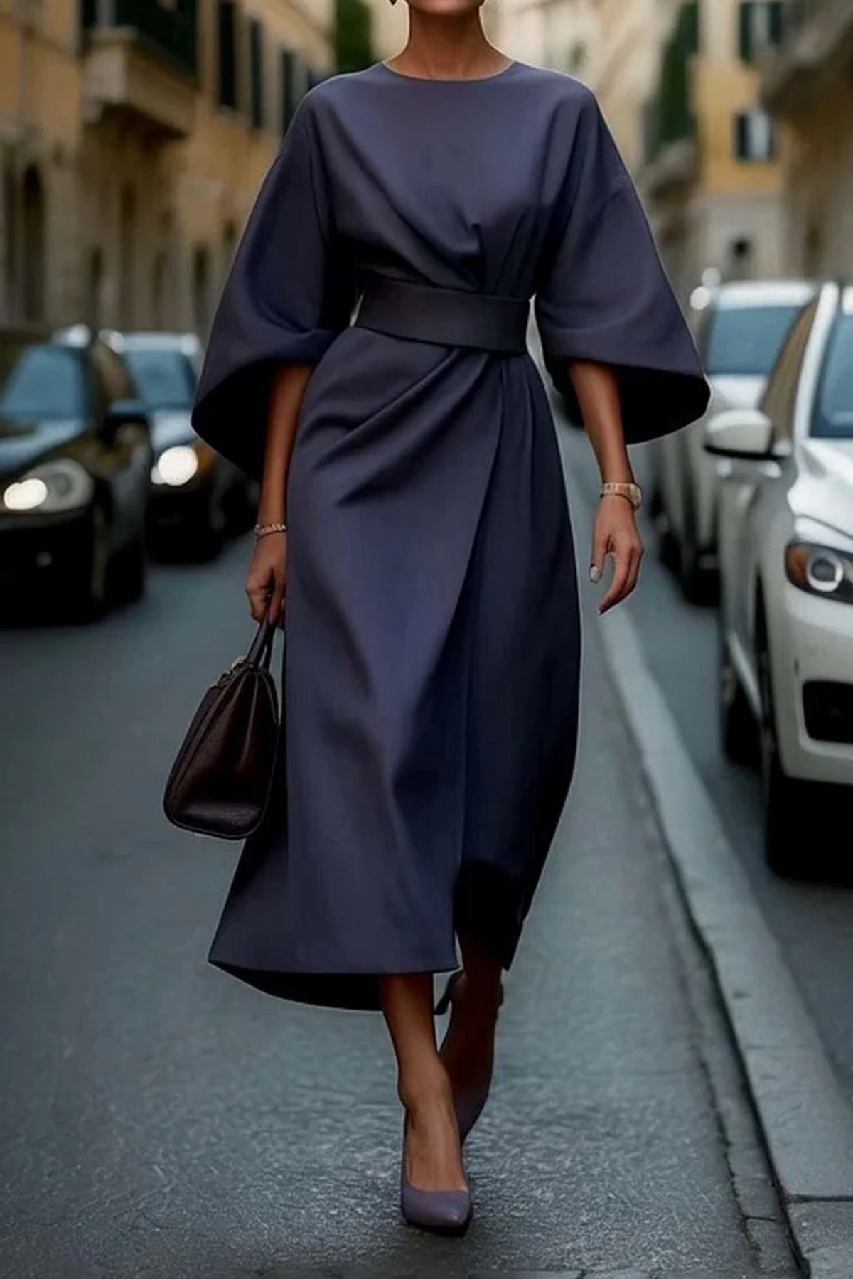Women's Dress | Wide Sleeve Belted Round Neck Midi 0