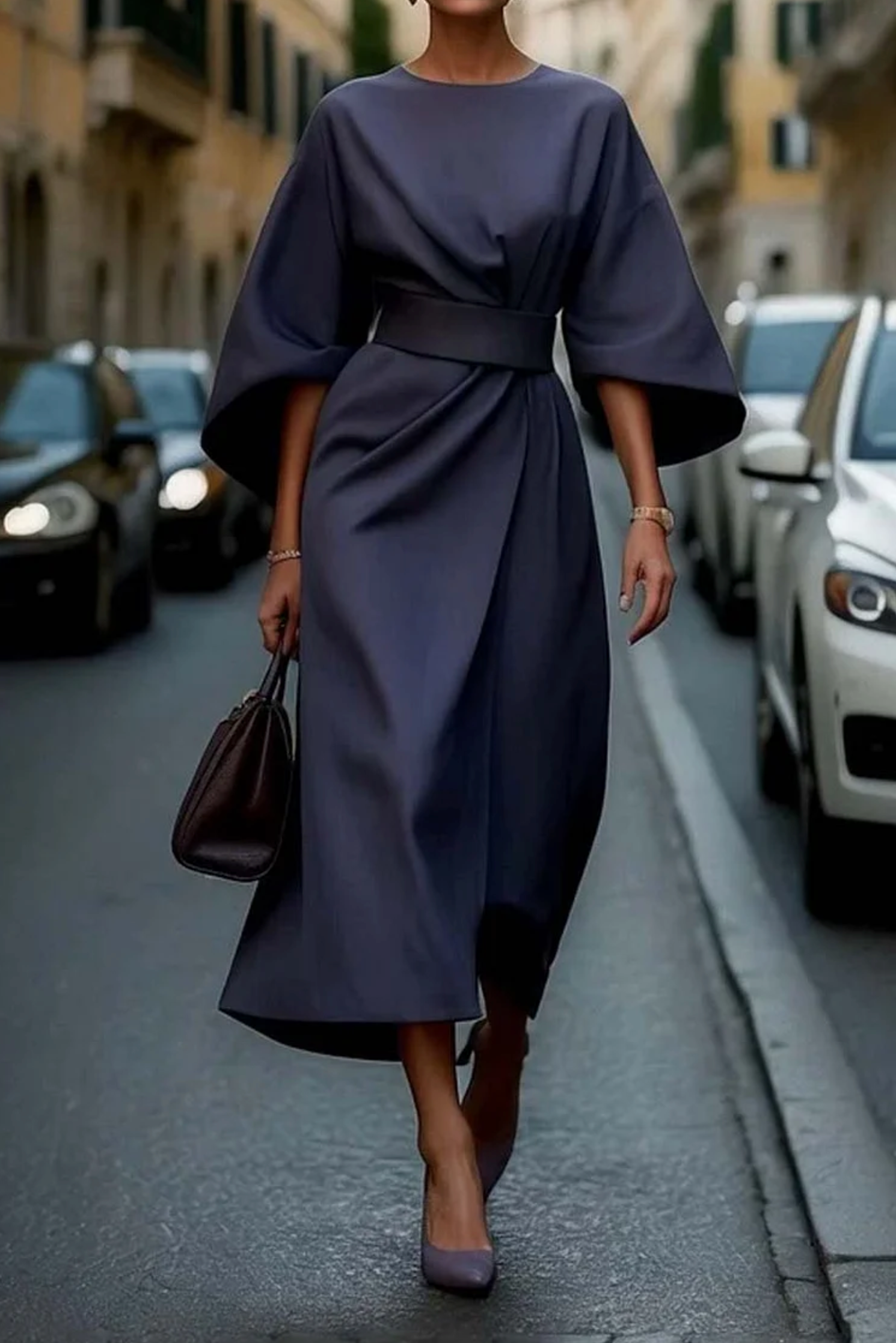 Women's Dress | Wide Sleeve Belted Round Neck Midi 0