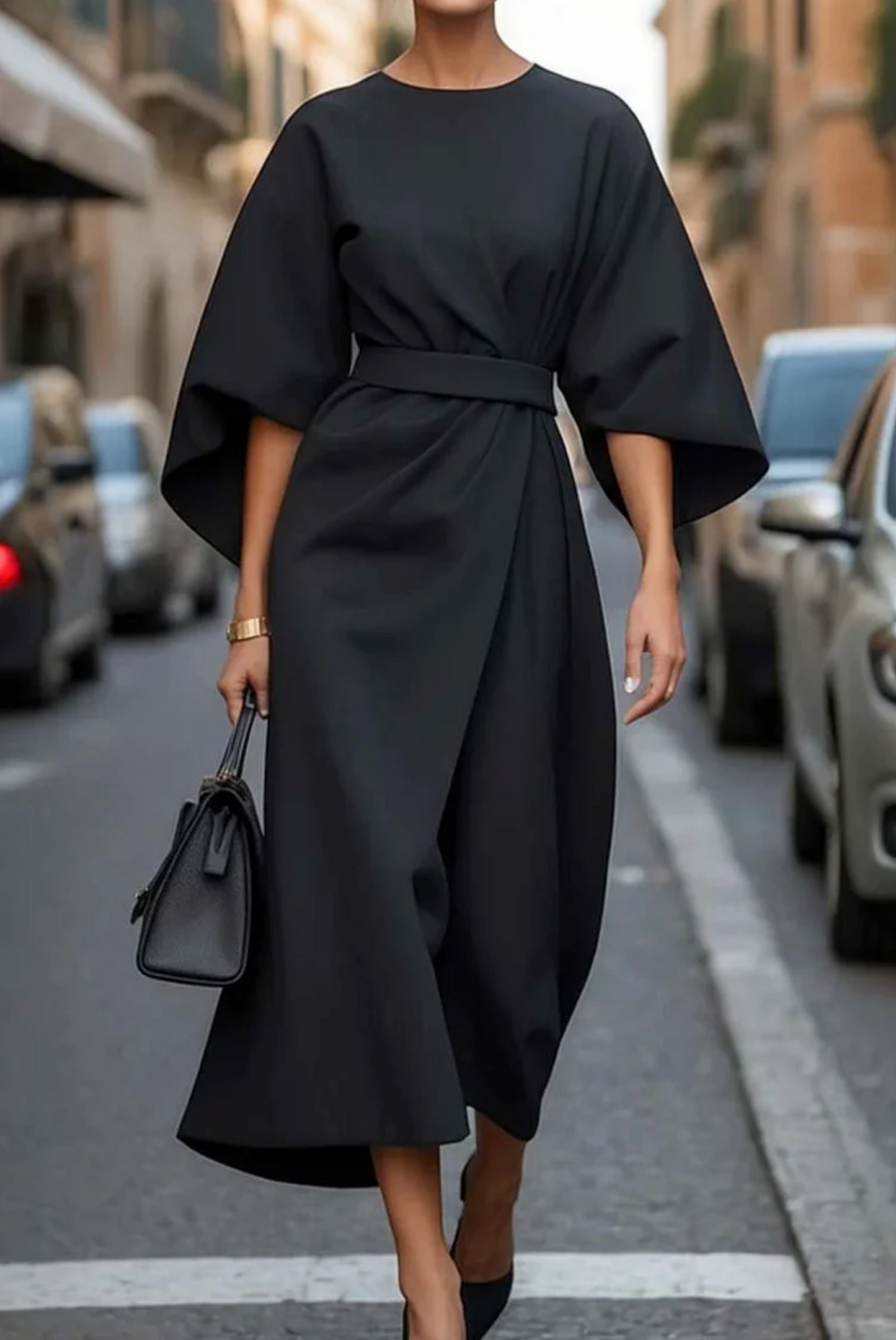 Women's Dress | Wide Sleeve Belted Round Neck Midi 1
