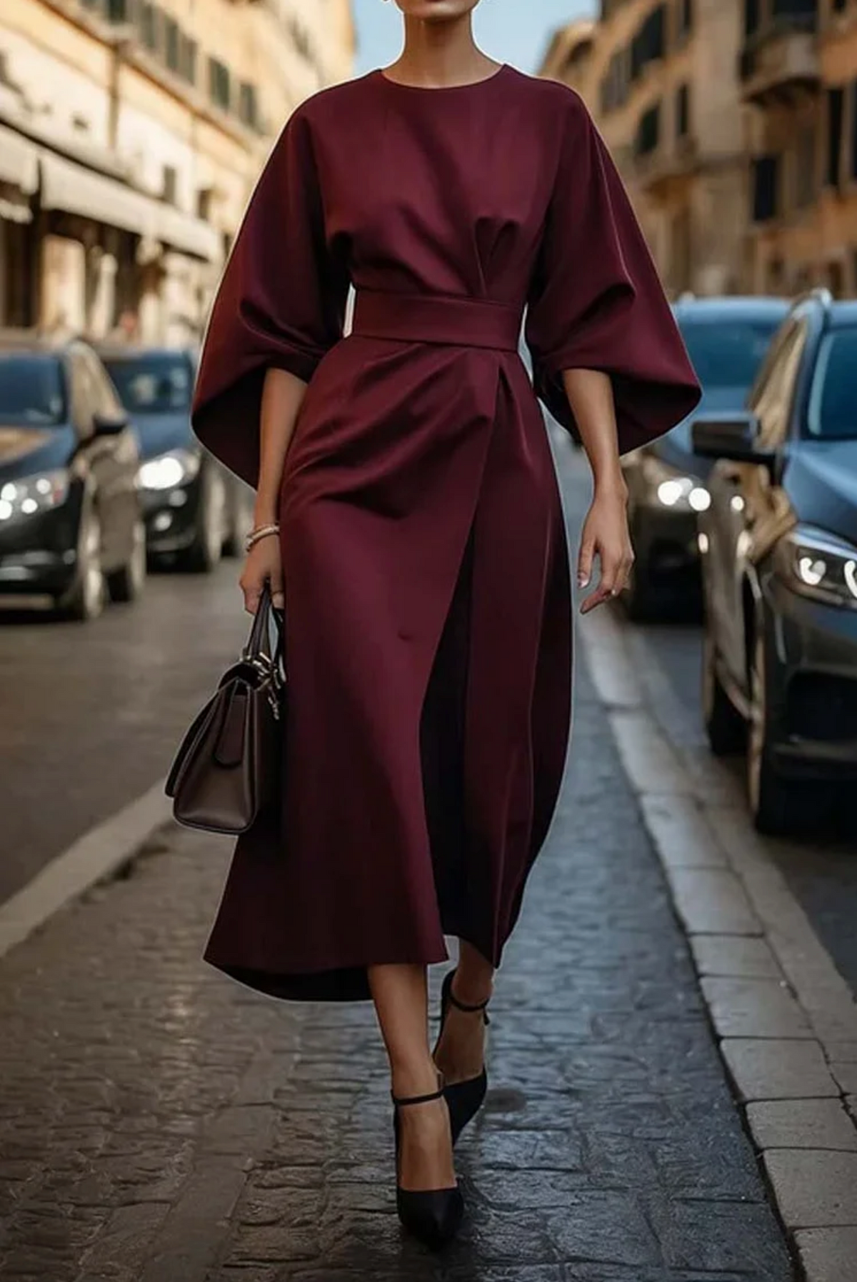 Women's Dress | Wide Sleeve Belted Round Neck Midi 4