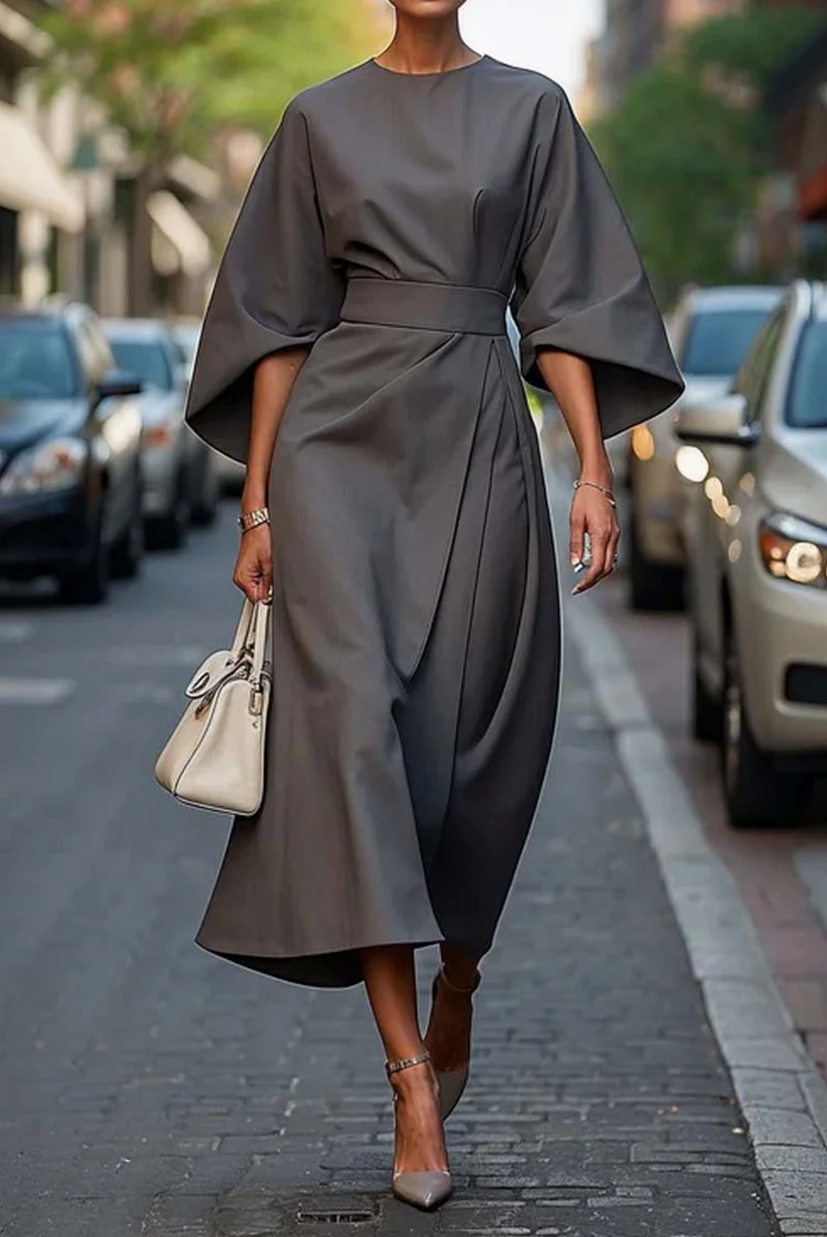 Women's Dress | Wide Sleeve Belted Round Neck Midi 5