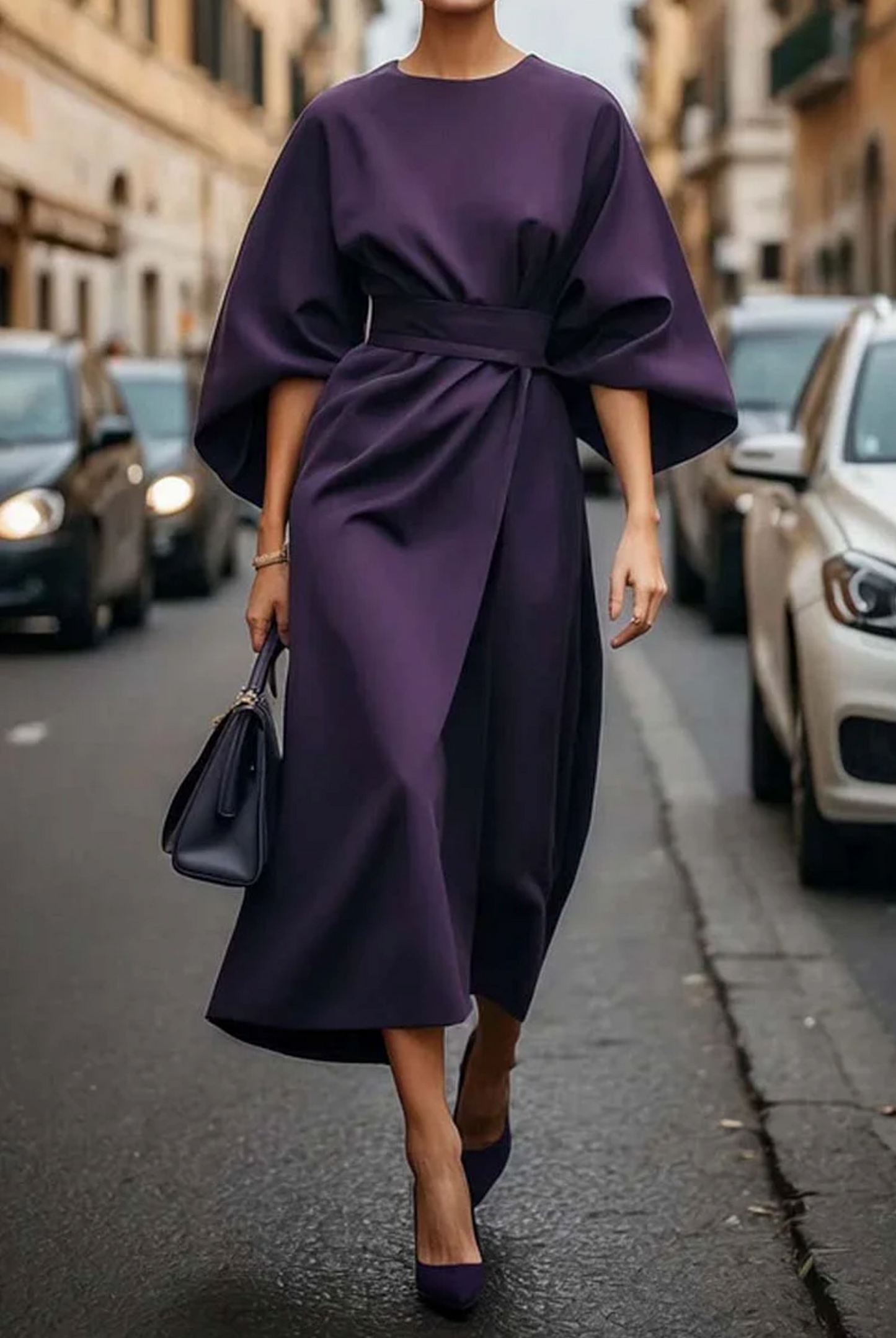 Women's Dress | Wide Sleeve Belted Round Neck Midi 6