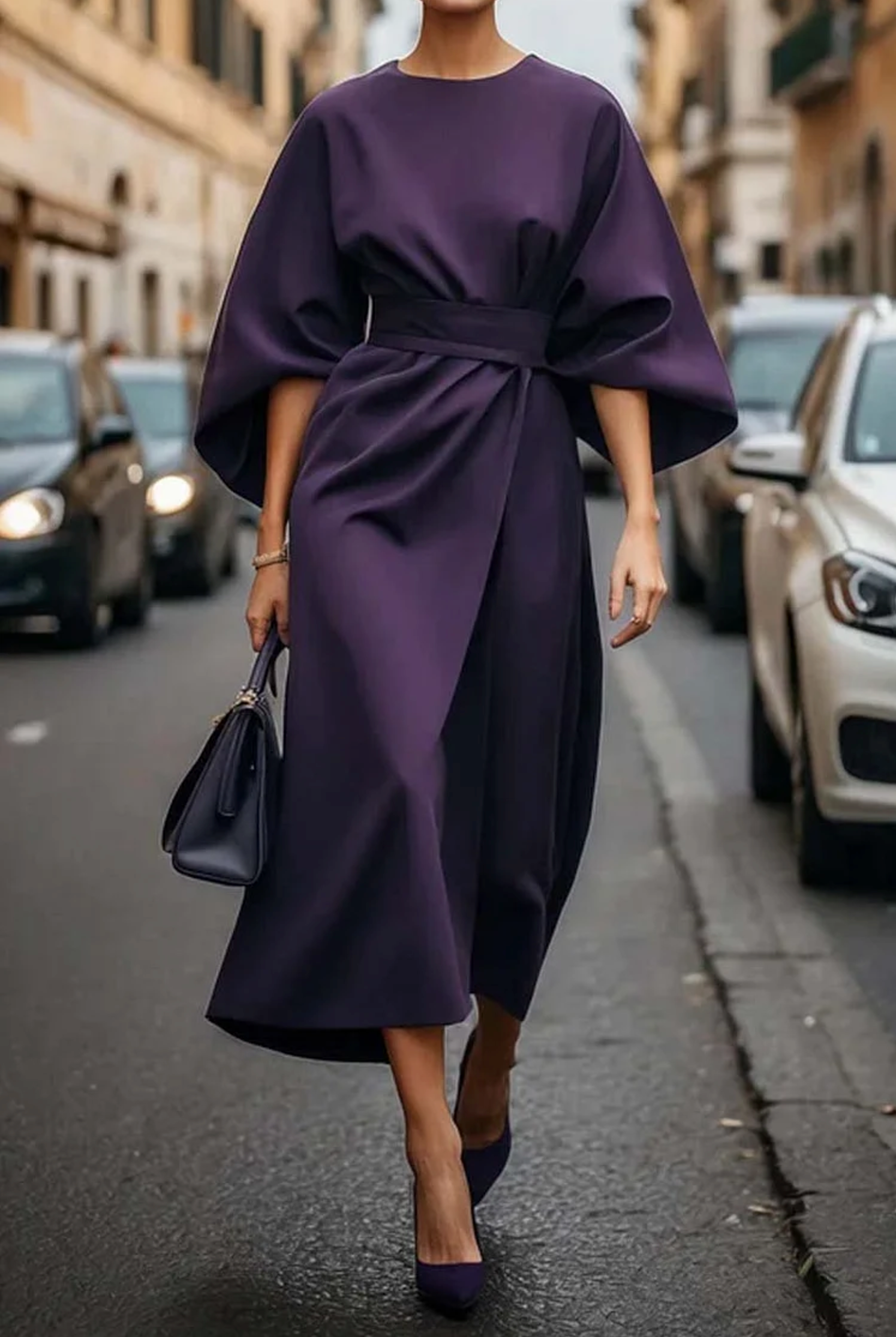Women's Dress | Wide Sleeve Belted Round Neck Midi 6