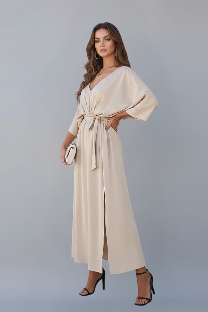 Women's Dress with Waist Tie and Short Loose Sleeves 2