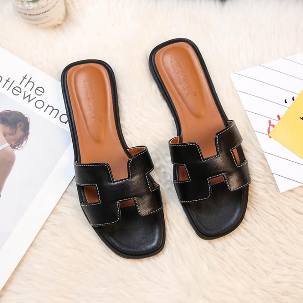 Women’s Leather Sandals Slip On H Strap Design Low Heel Elegant Summer Casual Footwear 1