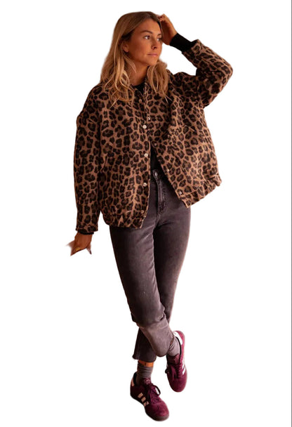 Women’s Leopard Print Bomber Jacket with Snap-Button Closure and Elastic Waistband 3