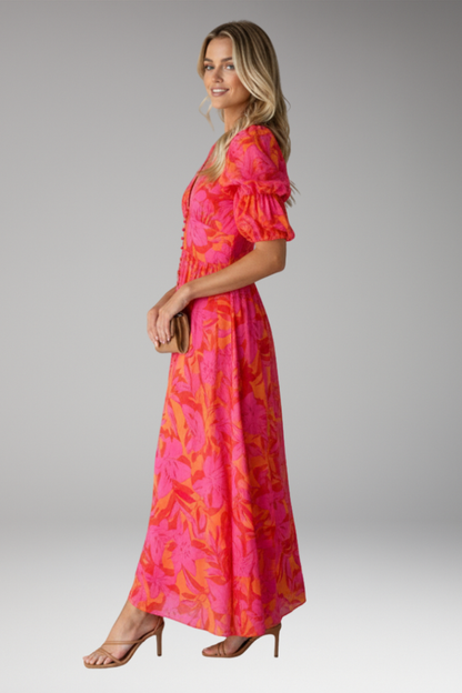 Women's Maxi Dress with V Neck and Puff Sleeves 2
