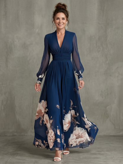 Women’s Printed Maxi Dress With Sheer Sleeves And Plunge Neck 0