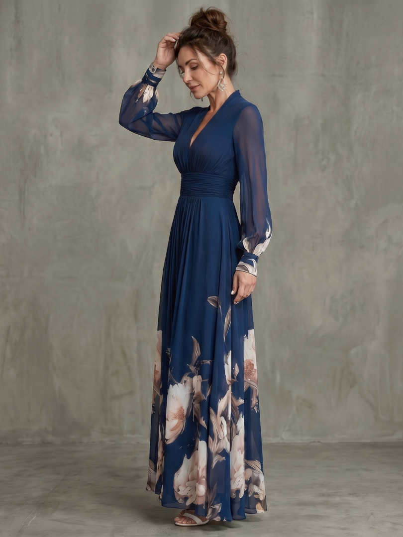 Women’s Printed Maxi Dress With Sheer Sleeves And Plunge Neck 1