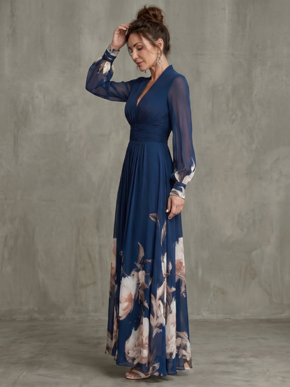 Women’s Printed Maxi Dress With Sheer Sleeves And Plunge Neck 1