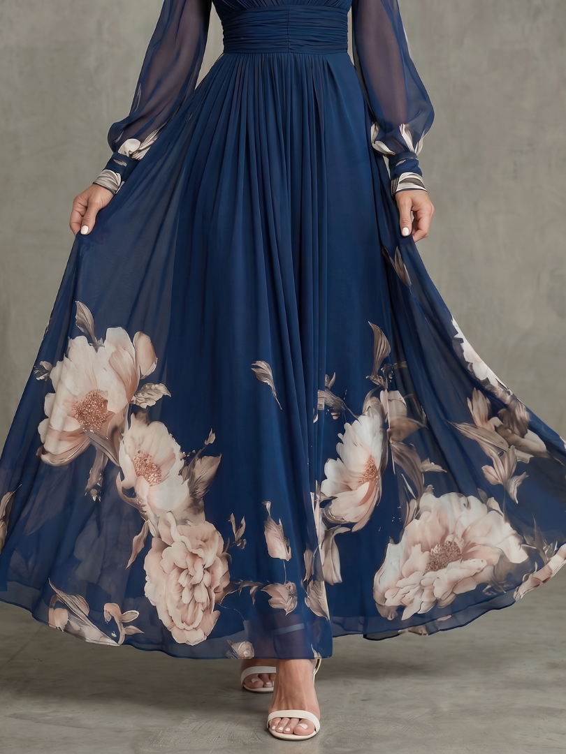 Women’s Printed Maxi Dress With Sheer Sleeves And Plunge Neck 2