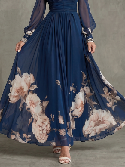 Women’s Printed Maxi Dress With Sheer Sleeves And Plunge Neck 2