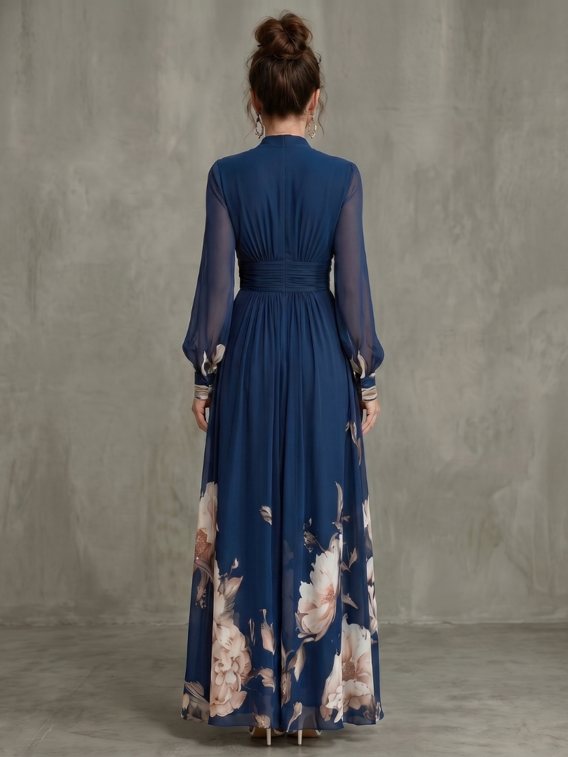 Women’s Printed Maxi Dress With Sheer Sleeves And Plunge Neck 3