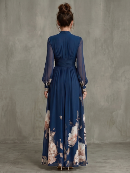 Women’s Printed Maxi Dress With Sheer Sleeves And Plunge Neck 3