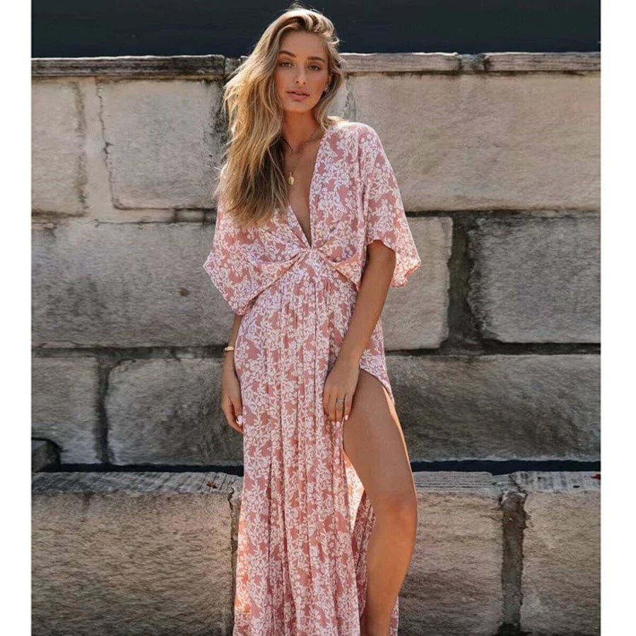Women's Printed Summer Dress | Boho Style V-Neck Maxi Dress with Floral Print | Lightweight Vacation Dress for Everyday Wear 0