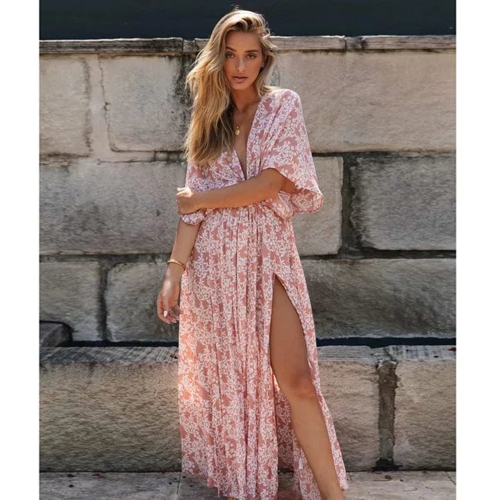 Women's Printed Summer Dress | Boho Style V-Neck Maxi Dress with Floral Print | Lightweight Vacation Dress for Everyday Wear 1