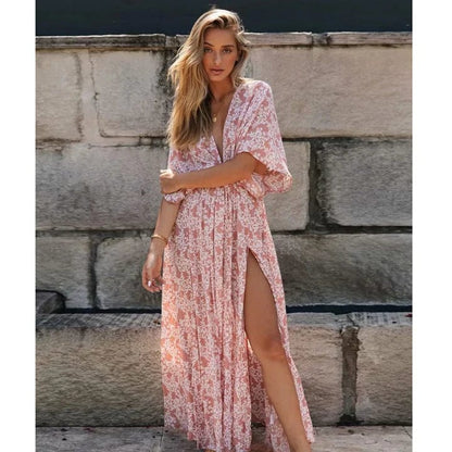 Women's Printed Summer Dress | Boho Style V-Neck Maxi Dress with Floral Print | Lightweight Vacation Dress for Everyday Wear 1