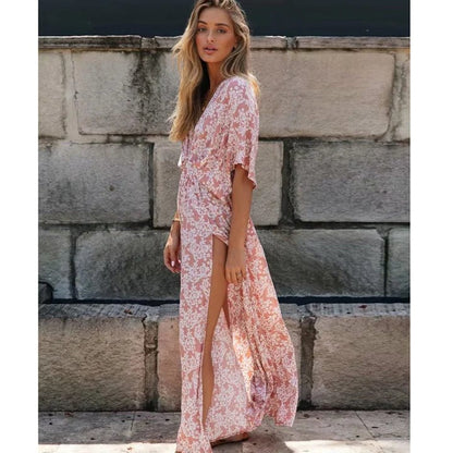 Women's Printed Summer Dress | Boho Style V-Neck Maxi Dress with Floral Print | Lightweight Vacation Dress for Everyday Wear 2