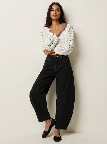 Women’s Relaxed Barrel Leg Denim Jeans High Waist Trousers 0